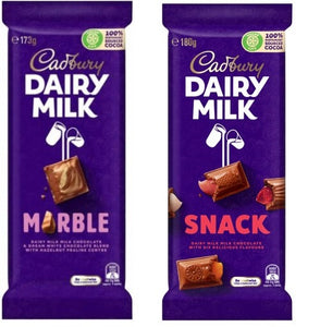 Cadbury Block 178g Marble x 1 + Snack 180g x 1 - Australian Import